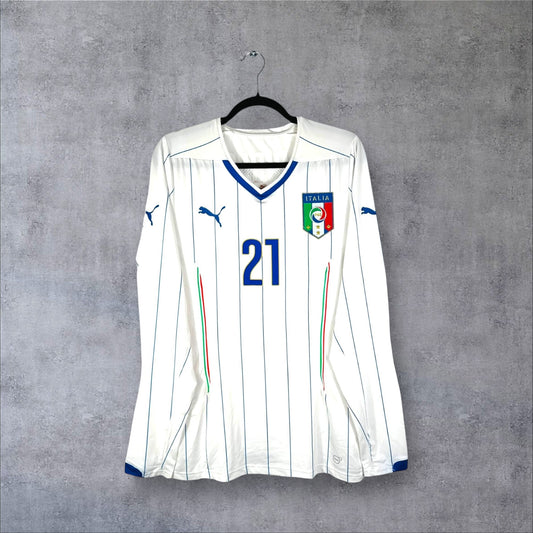 Vue de face du maillot Italie Away 2014 blanc à fines rayures bleues et manches longues.