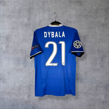 Dos du maillot Juventus 2016-2017 extérieur bleu avec flocage DYBALA N°21 et patch Champions League
