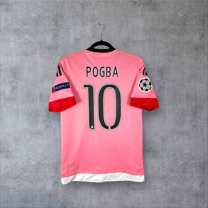 Dos du maillot Juventus Extérieur 2016 rose avec flocage noir POGBA 10 et patchs Ligue des Champions.