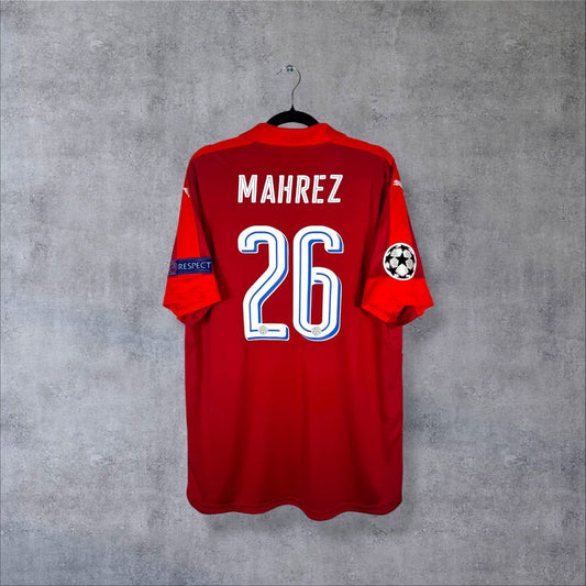 Maillot Leicester City 2016-2017 extérieur Puma rouge, dos floqué Mahrez 26 et badges Ligue des champions