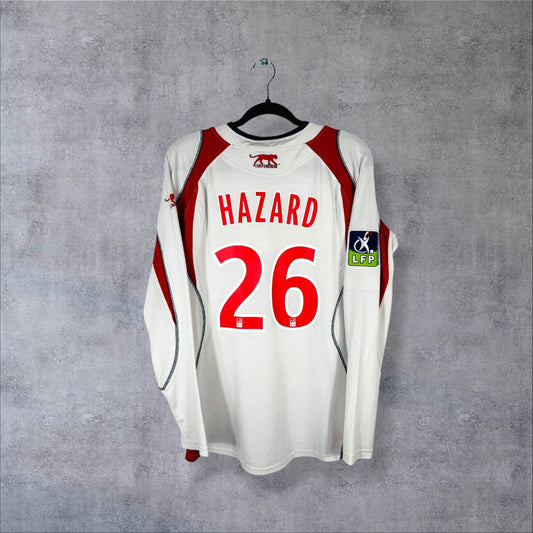 Maillot LOSC Lille 2007-2008 extérieur blanc manches longues, dos floqué Hazard 26 et patch LFP