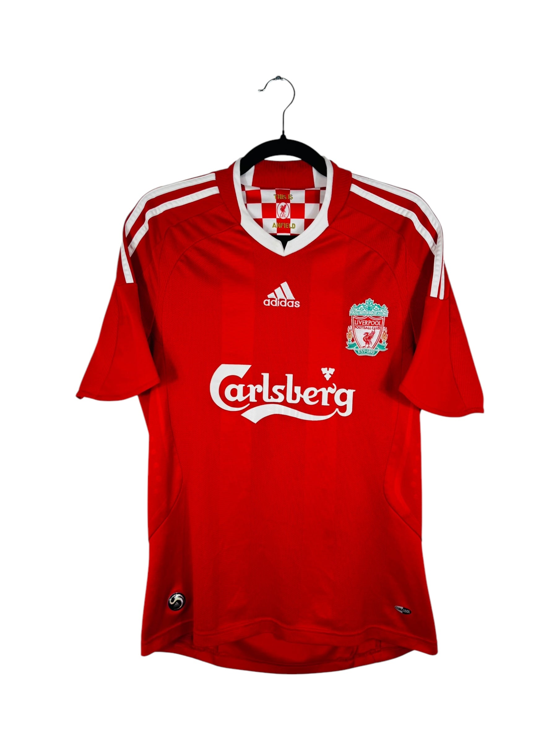 Maillot Liverpool FC 2008-2010 Domicile Adidas - Vue avant, taille S, couleur rouge.