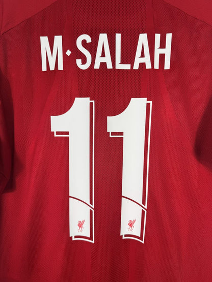Détail du flocage M. Salah N°11 avec Liver Bird dans les chiffres, maillot Liverpool 2019-2020