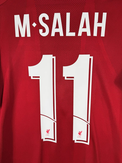 Détail flocage M. Salah 11 avec Liverbird dans les chiffres, maillot Liverpool 2019-2020