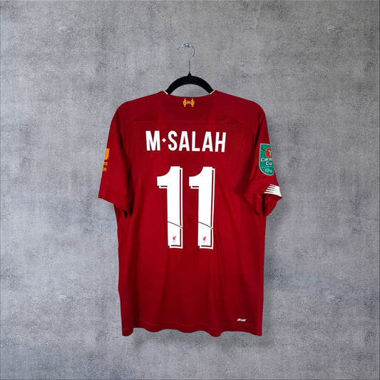 Maillot Liverpool 2019-2020 domicile rouge, dos floqué M. Salah 11, patch Carabao Cup
