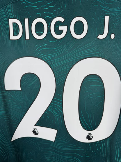 Détail flocage Diogo J. 20 avec logos Premier League, maillot Liverpool third 2022-2023