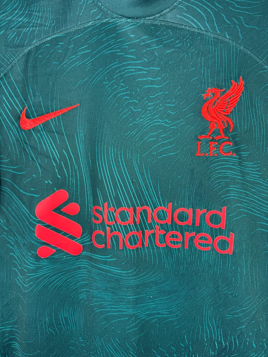 Écusson Liver Bird brodé rouge, virgule Nike et sponsor Standard Chartered, maillot Liverpool third 2022-2023 Van Dijk