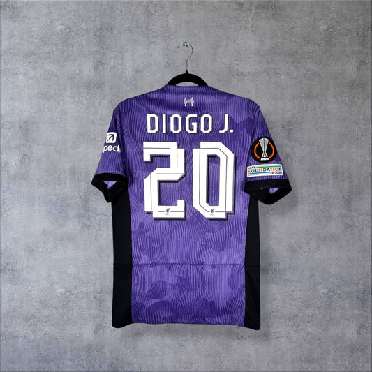 Dos du maillot Liverpool 2023-2024 third Europa League avec flocage Diogo J. numéro 20 et patch UEFA