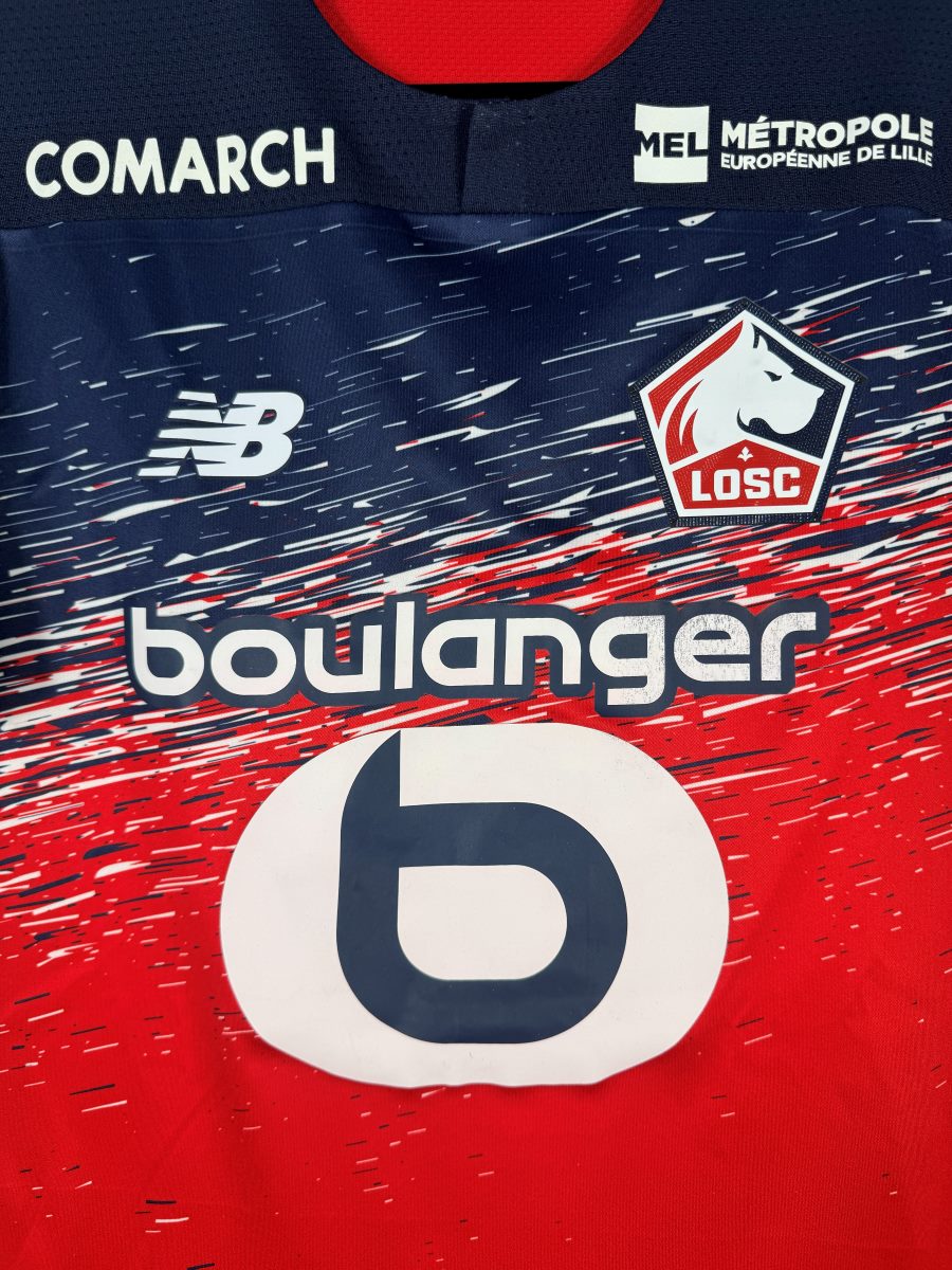 Écusson du LOSC au dogue avec les sponsors Comarch et Métropole Européenne de Lille