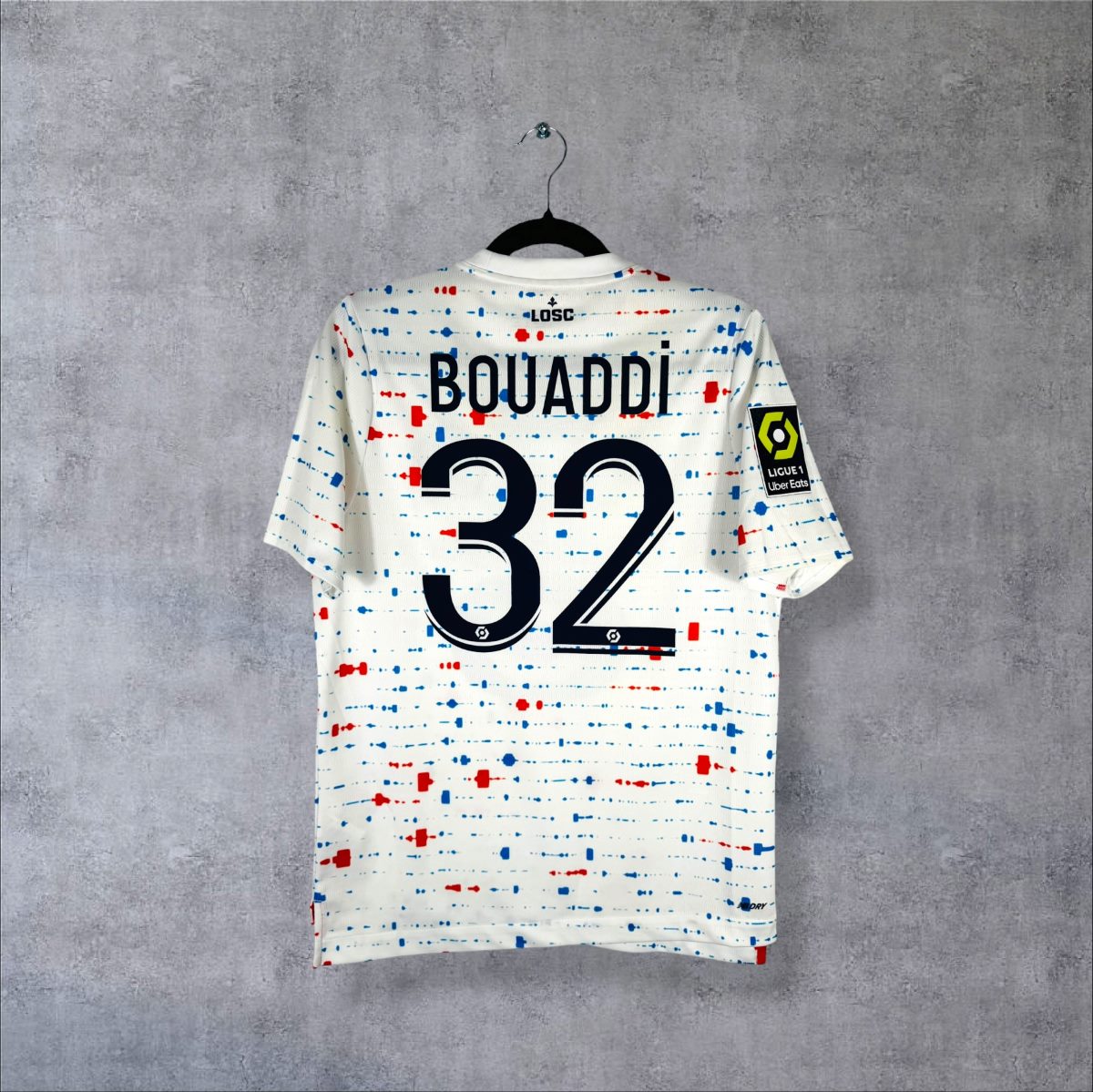 Dos du maillot LOSC Lille 2023-2024 extérieur avec flocage BOUADDI N°32 et patch Ligue 1
