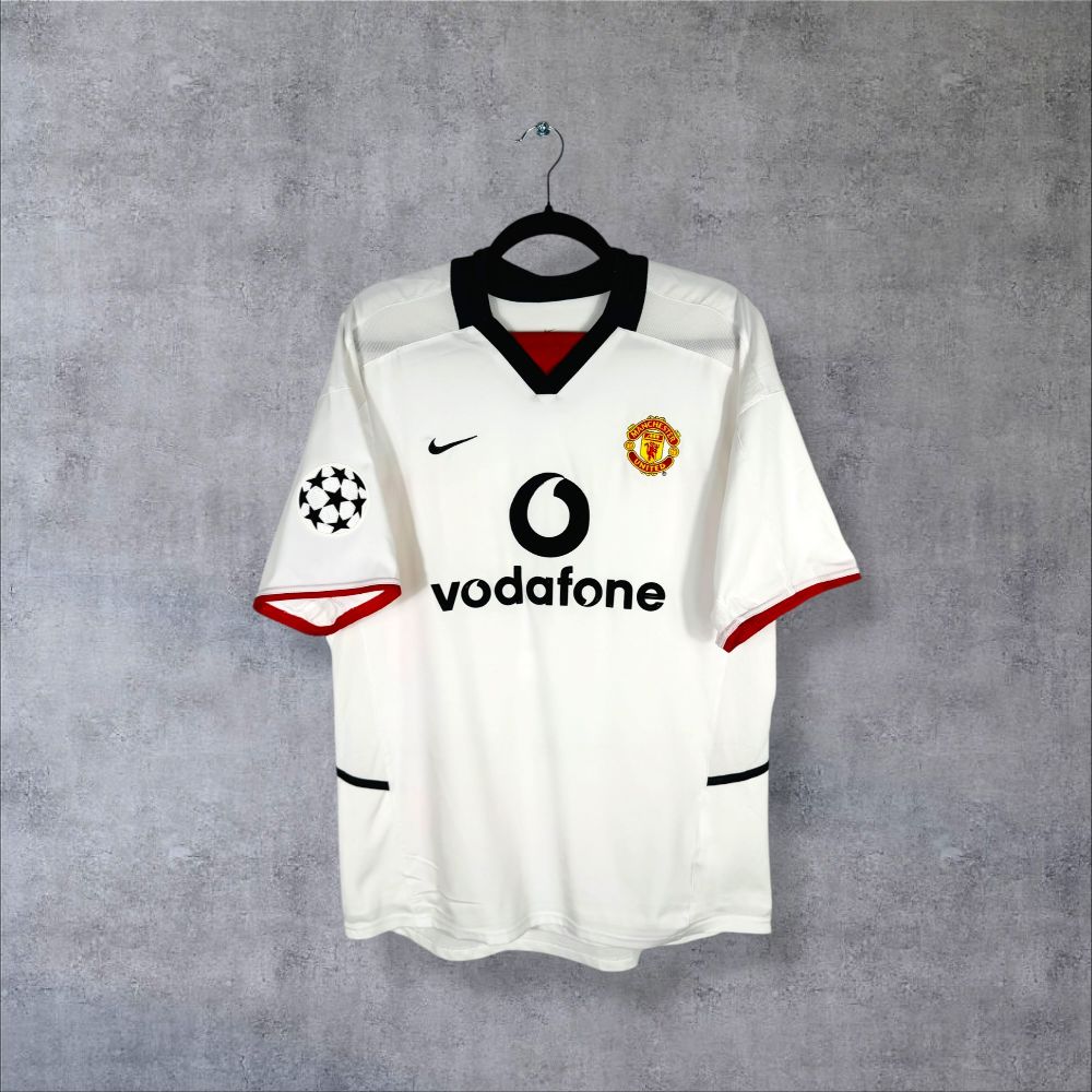Maillot Manchester United 2002-2003 Extérieur authentifié Nike blanc col polo noir flocage Paul Scholes N°18 sponsor Vodafone taille M