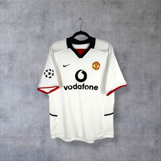 Maillot Manchester United 2002-2003 Extérieur authentifié Nike blanc col polo noir flocage Paul Scholes N°18 sponsor Vodafone taille M
