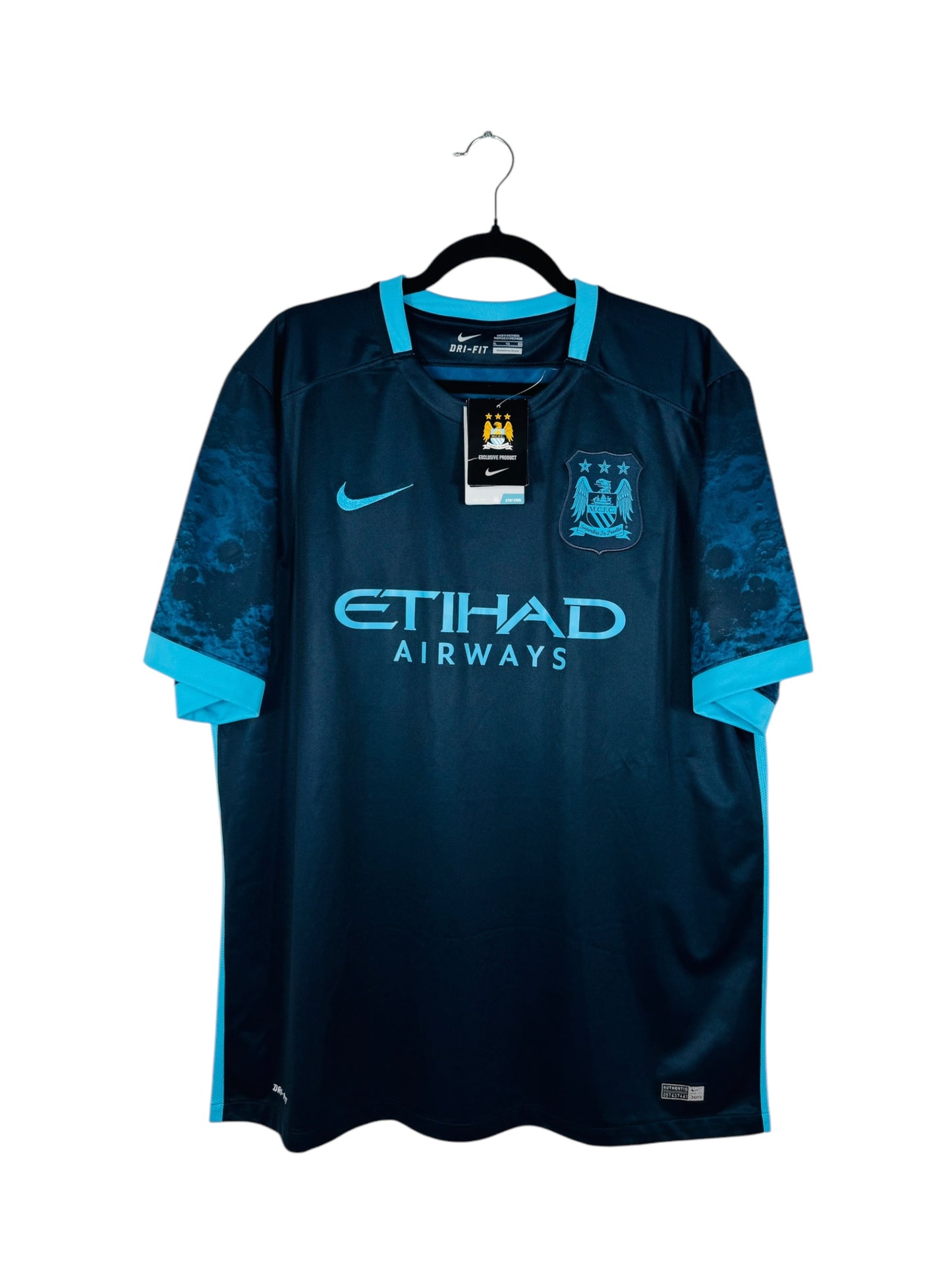 Maillot Manchester City 2015-2016 Extérieur Nike - Vue avant, taille XL, couleur bleu et noir, flocage Sterling N°7.