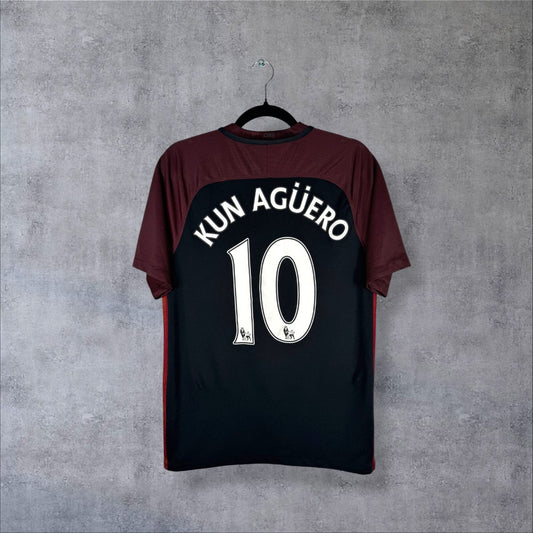 Maillot Manchester City 2016-2017 extérieur bleu nuit et bordeaux, dos floqué Kun Agüero 10