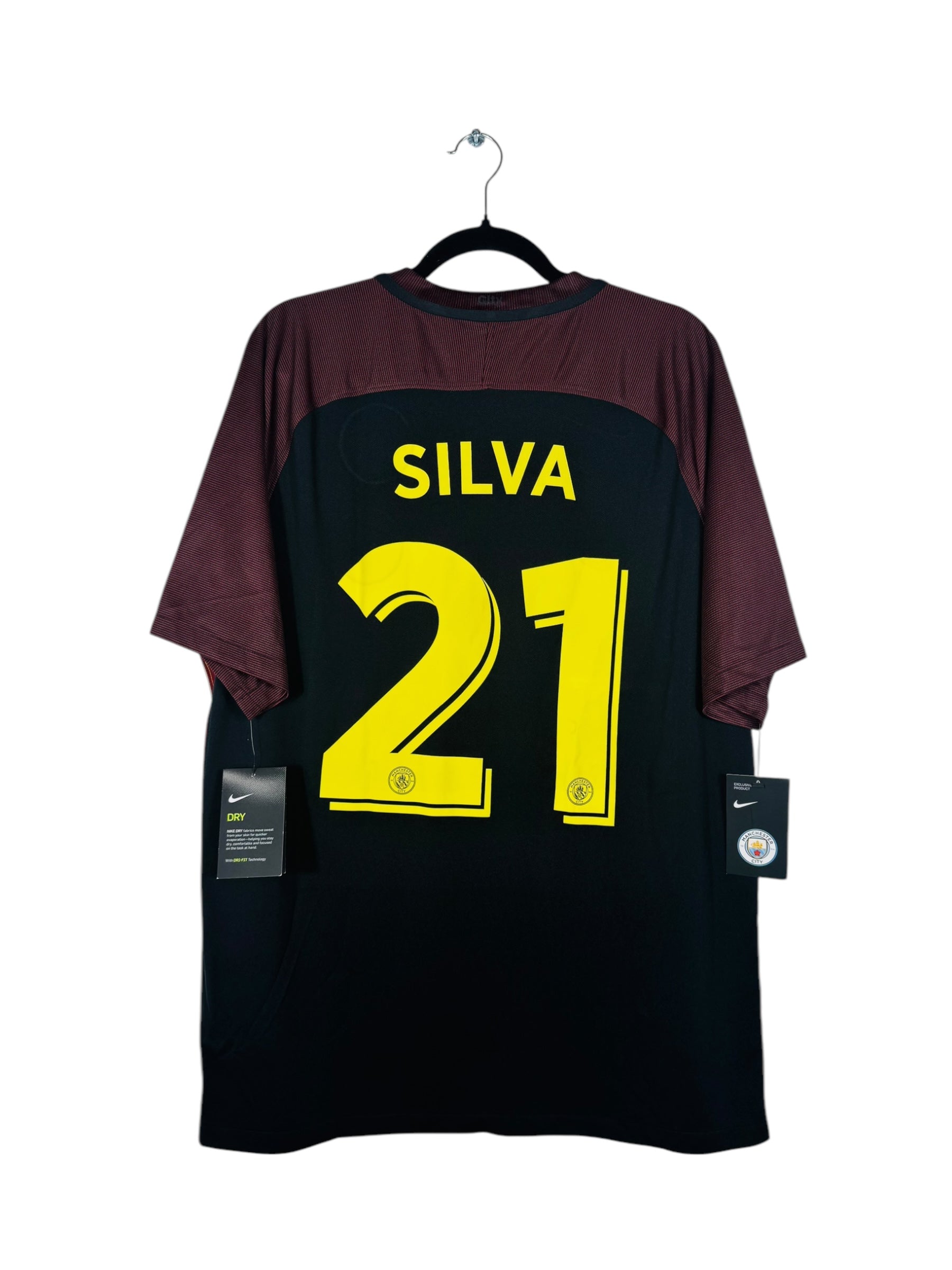 Maillot Manchester City 2016-2017 Extérieur Nike - Vue arrière flocage David Silva N°21, taille XL, couleur noir bordeaux.