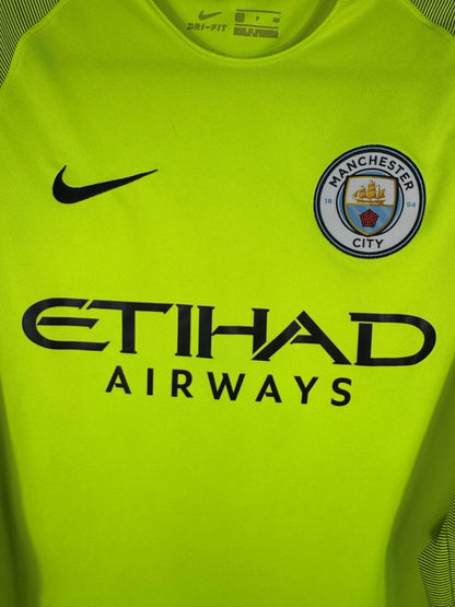 Écusson Manchester City, swoosh Nike et sponsor Etihad, maillot gardien 2016-2017 Bravo
