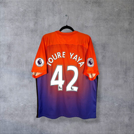 Maillot Manchester City 2016-2017 third orange et violet, dos floqué Toure Yaya 42, patchs Premier League