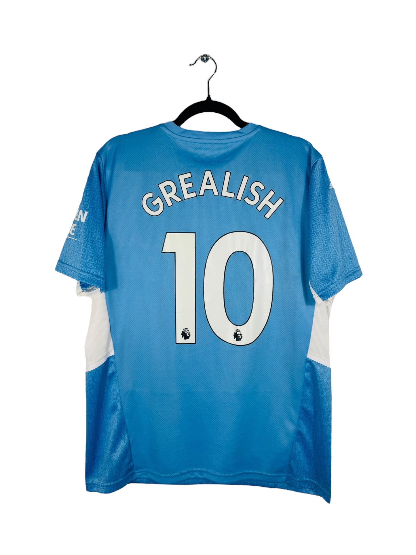 Maillot Manchester City 2021-2022 Domicile Puma - Vue arrière, flocage Grealish N°10, taille L, couleur bleu ciel.