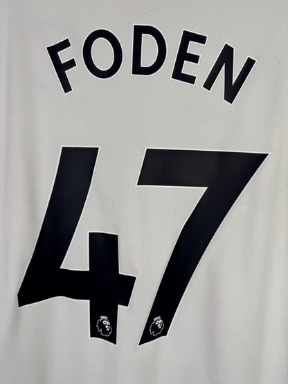 Détail du flocage Foden 47 noir police Premier League, maillot Manchester City extérieur 2021-2022