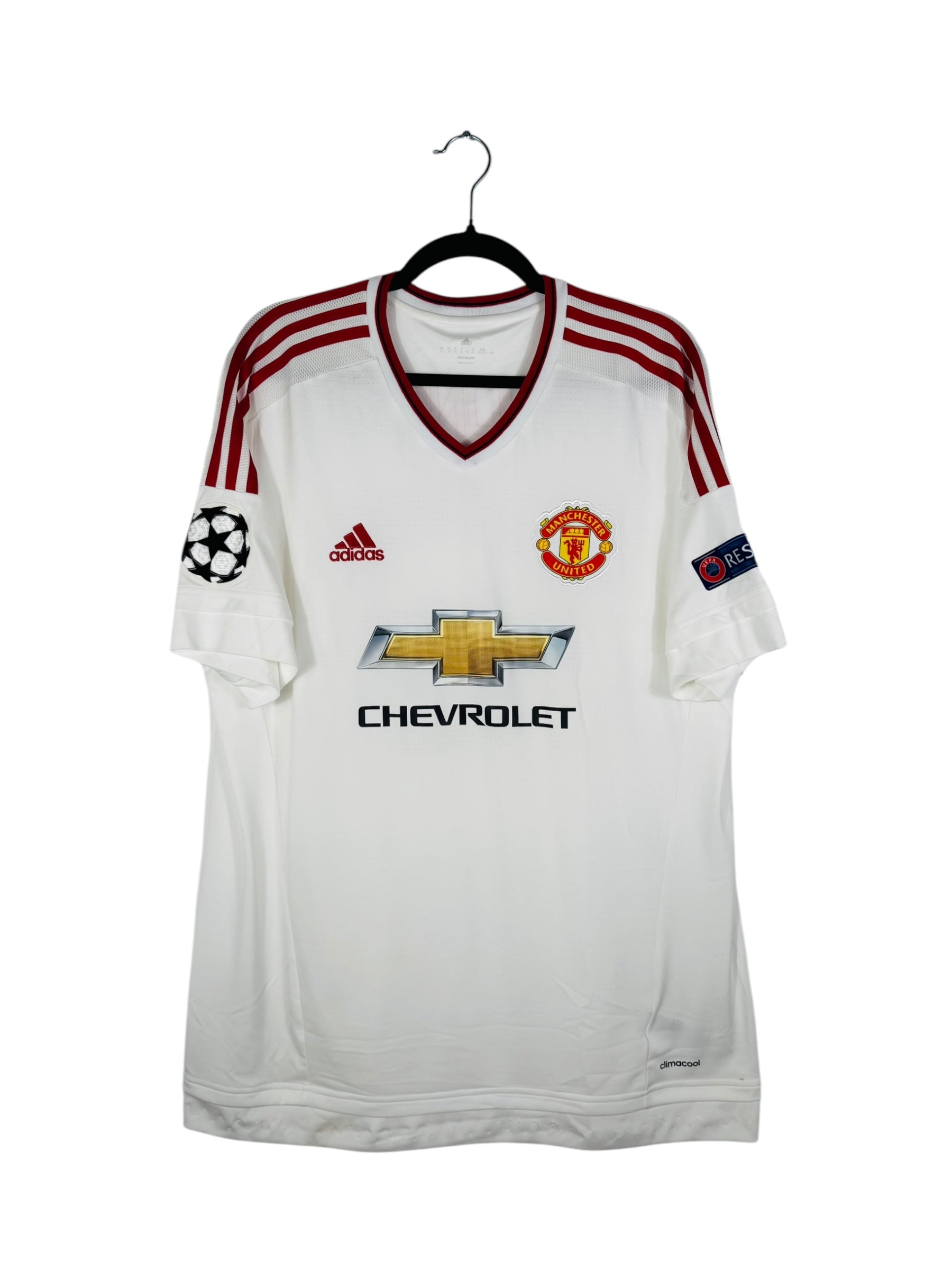 Maillot Manchester United 2015-2016 Extérieur Adidas - Vue avant, taille XL, couleur blanc.