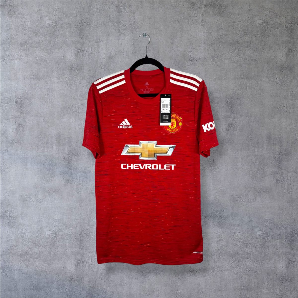 Maillot Manchester United 2020-2021 domicile rouge neuf de face avec étiquette, adidas et Chevrolet