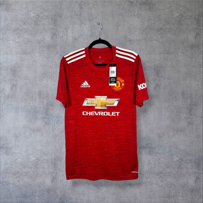 Maillot Manchester United 2020-2021 domicile rouge neuf de face avec étiquette, adidas et Chevrolet