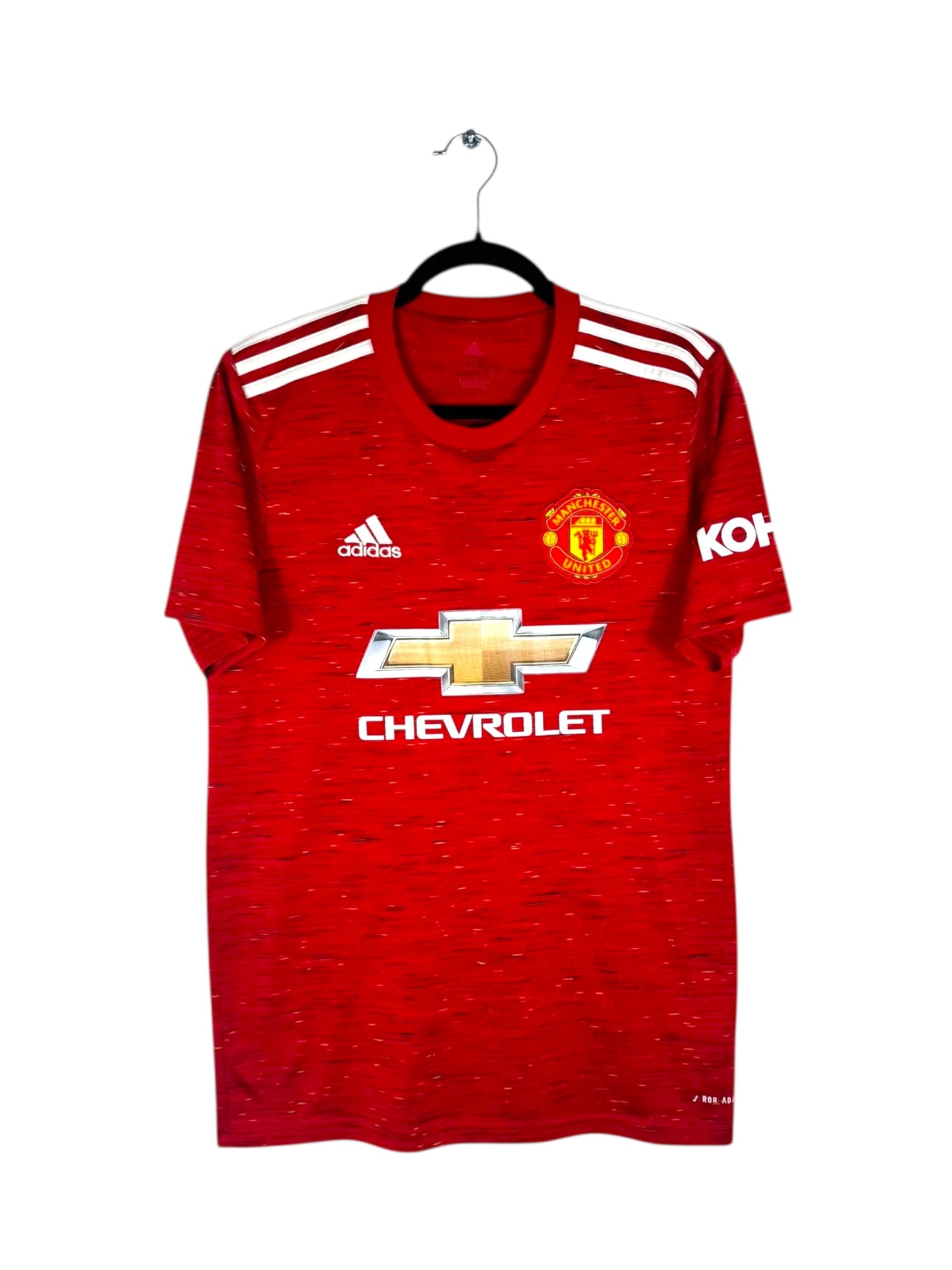 Maillot Manchester United 2020-21 domicile rouge motif fils Adidas vue de face.