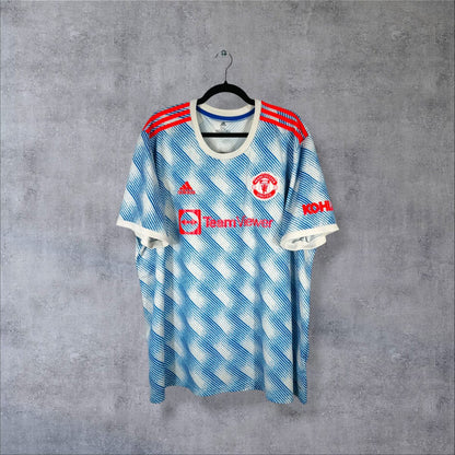 Maillot Manchester United extérieur 2021-2022 Adidas de face, sponsor TeamViewer et manche Kohler