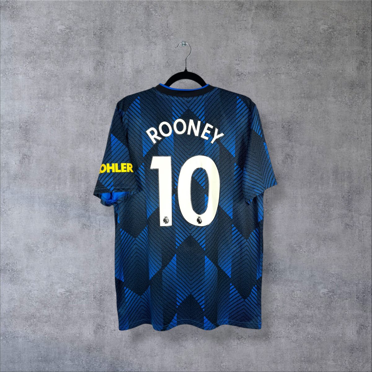 Maillot Manchester United 2021-2022 third bleu, dos floqué Rooney 10, sponsor Kohler