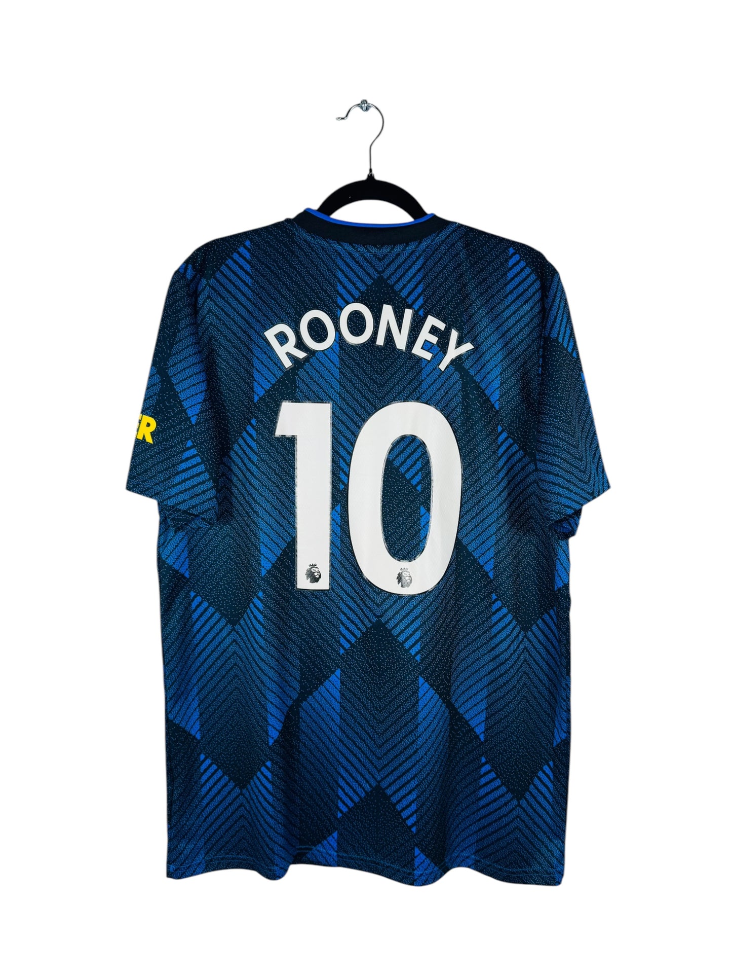 Maillot Manchester United 2021-2022 Third Adidas - Vue arrière flocage Rooney N°10, taille L, couleur bleu.