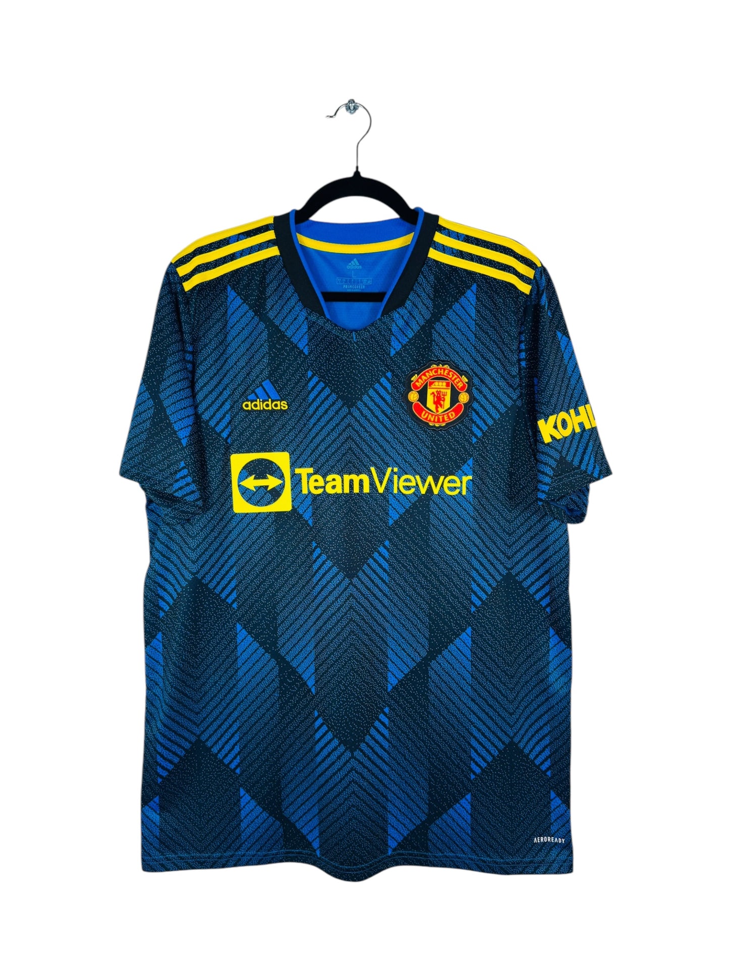 Maillot Manchester United 2021-2022 Third Adidas - Vue avant, taille L, couleur bleu, flocage Rooney N°10.