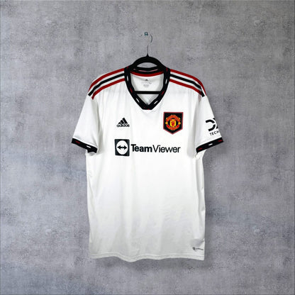 Maillot Manchester United 2022-2023 extérieur blanc de face, adidas et sponsor TeamViewer