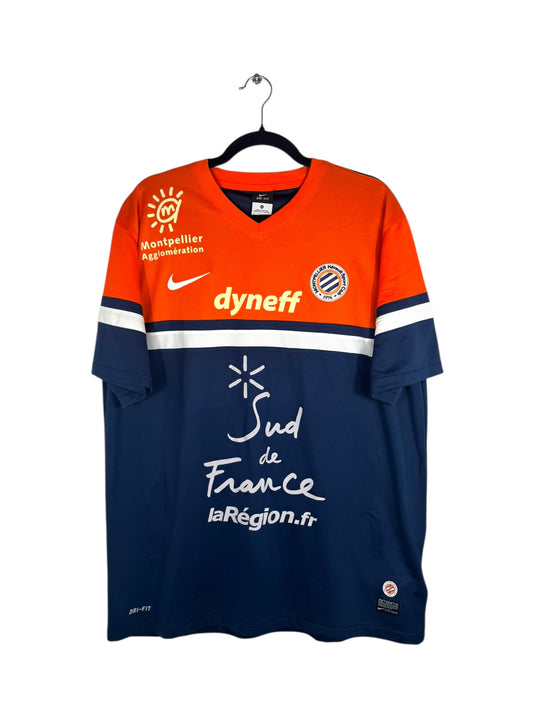 Maillot Montpellier HSC 2013-2014 domicile Cabella Nike vue avant logo et sponsor