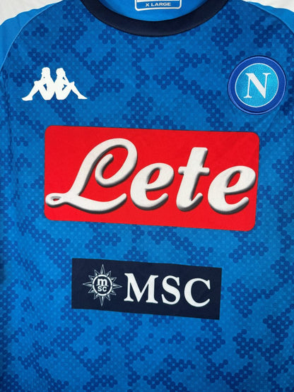 Détail sponsors Lete et MSC, écusson SSC Napoli, maillot 2019-2020