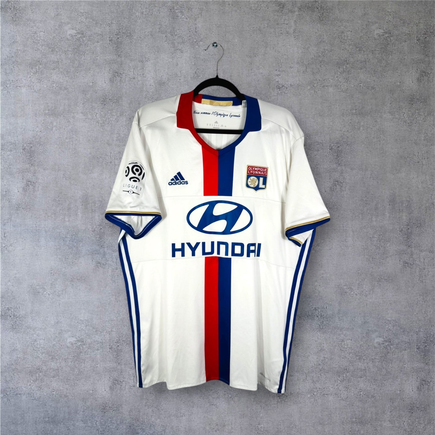Vue de face du maillot OL 2016/17 domicile avec double bande centrale rouge et bleue.