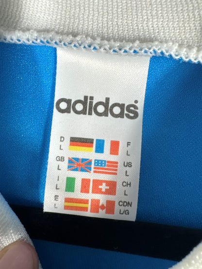 Étiquette adidas d'époque à drapeaux, taille L, du maillot OM 1996-1997 extérieur
