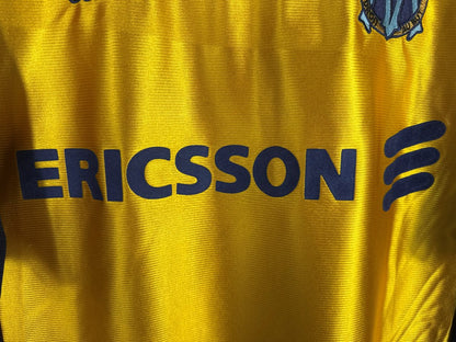 Détail du sponsor Ericsson floqué sur le maillot OM 1998-1999 third or du centenaire