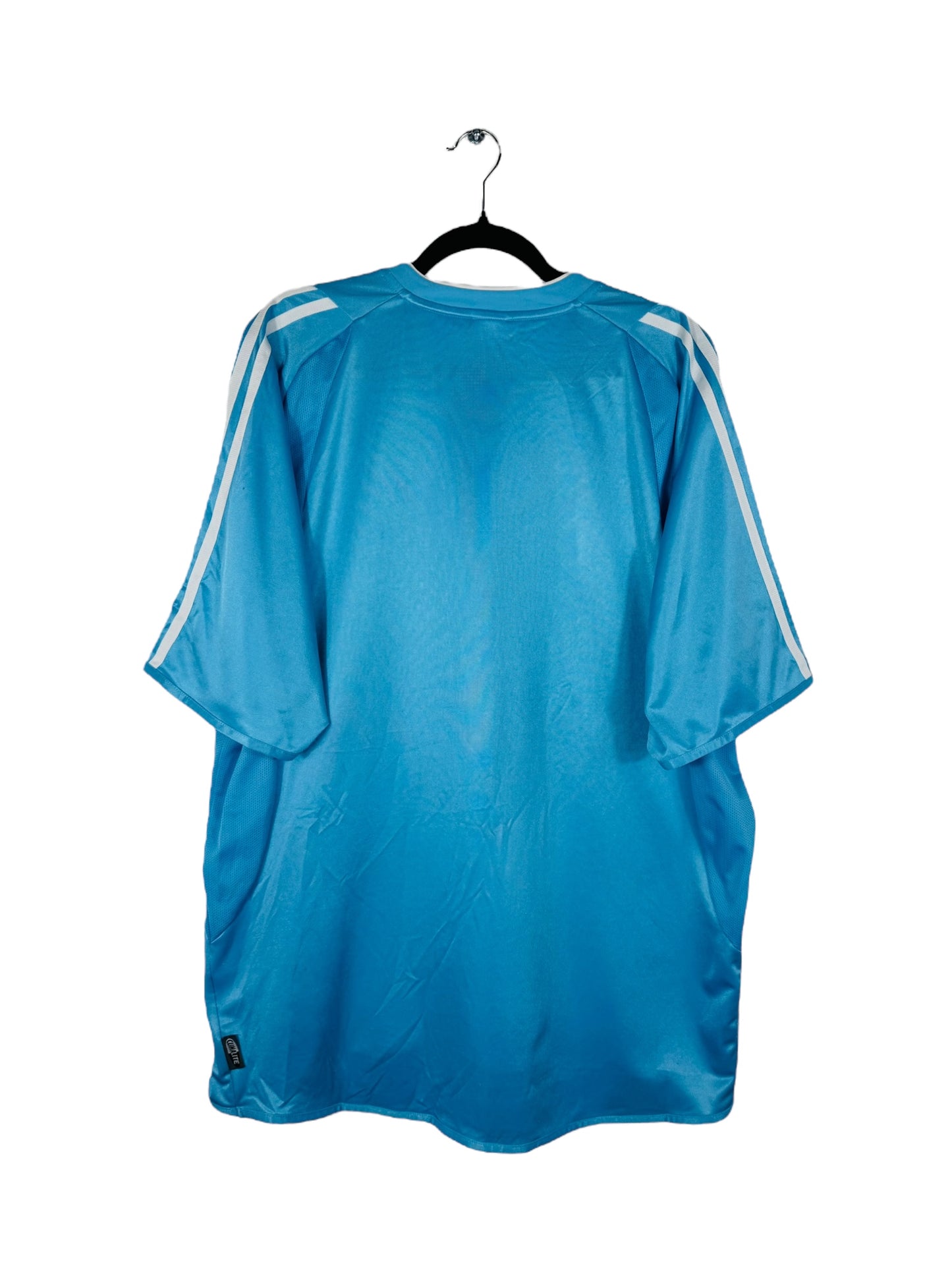 Maillot OM 2003-2004 Extérieur Adidas - Vue arrière, taille XL, couleur bleu.