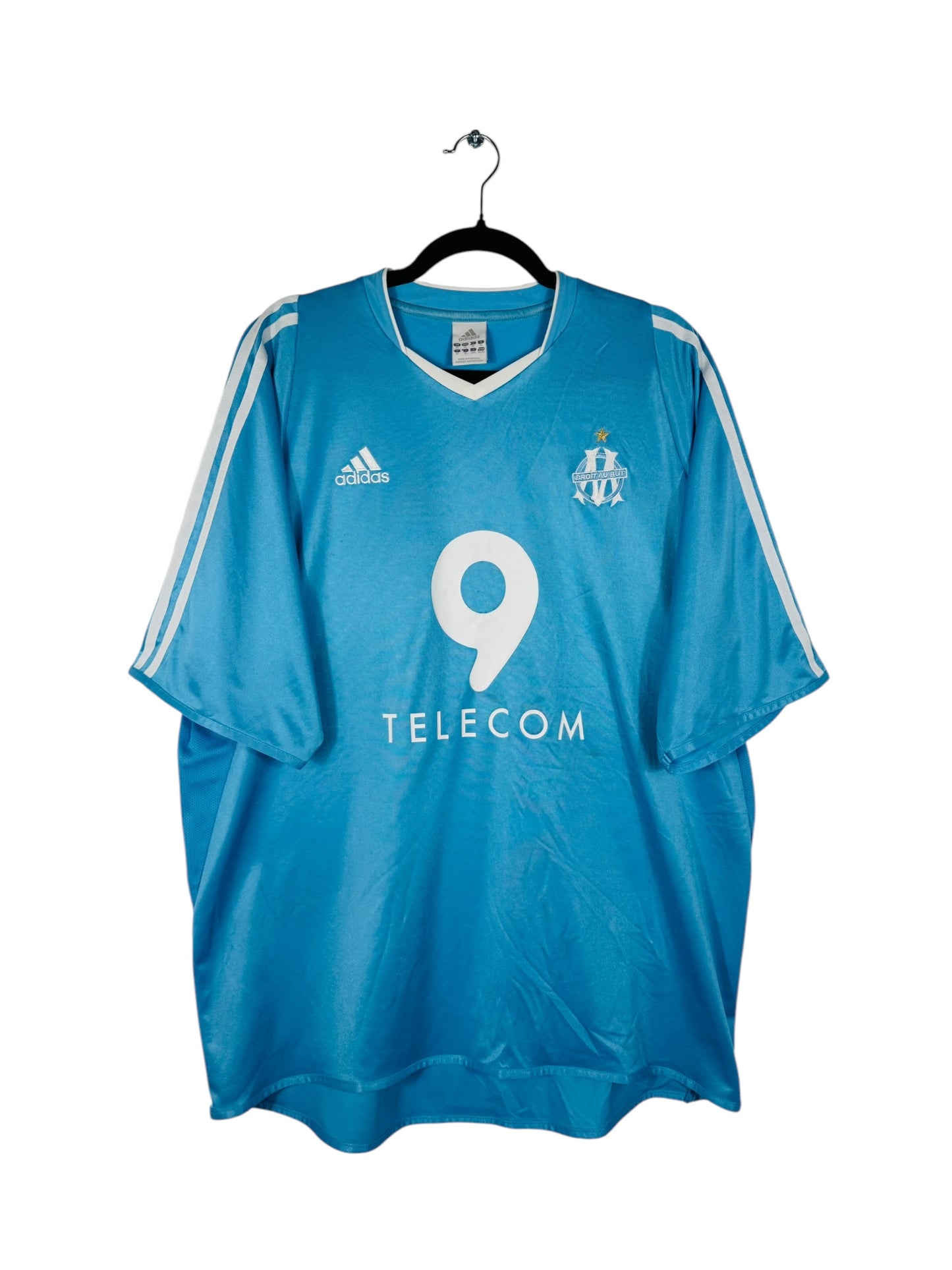 Maillot OM 2003-2004 Extérieur Adidas - Vue avant, taille XL, couleur bleu.