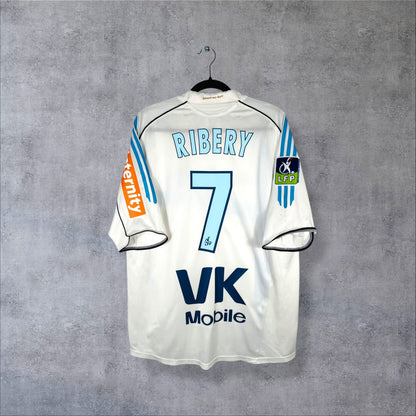 Maillot OM 2005-2006 domicile blanc, dos floqué Ribéry 7, sponsor VK Mobile et patch LFP