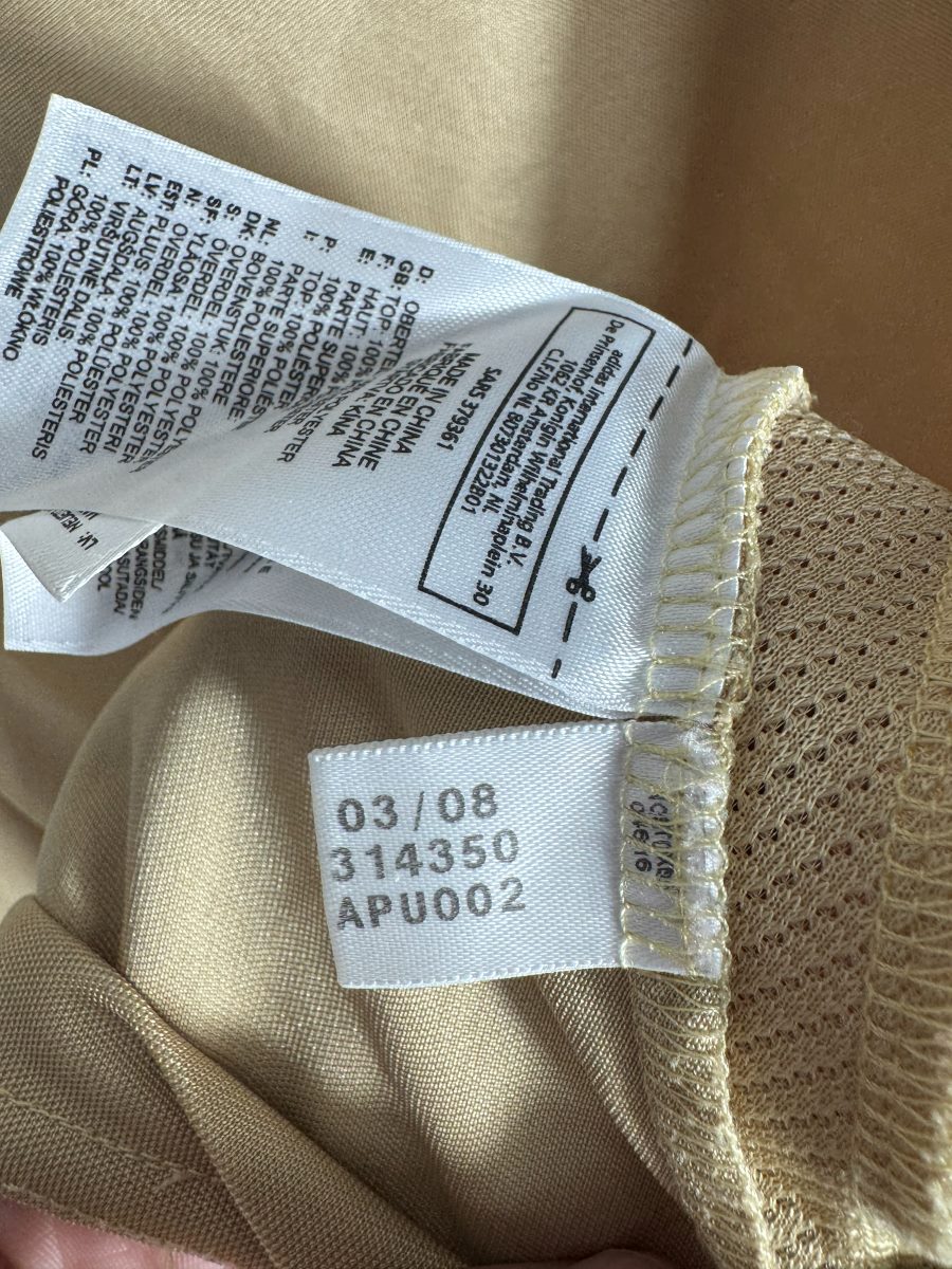 Étiquette adidas d'origine du maillot OM 2008-2009 avec le code produit 314350 et le millésime 03/08