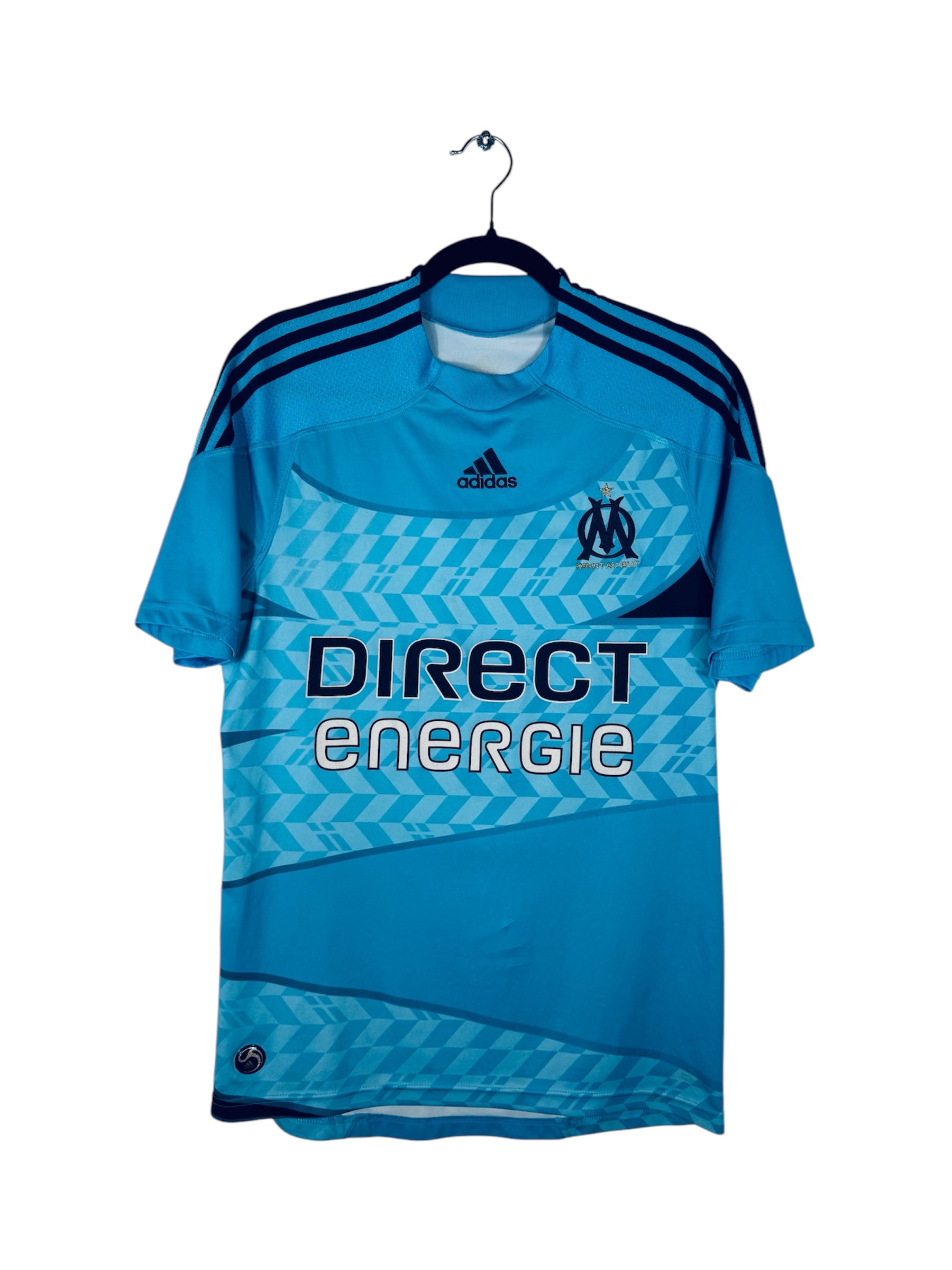 Maillot OM 2009-2010 Extérieur Adidas - Vue avant, taille M, couleur bleu.