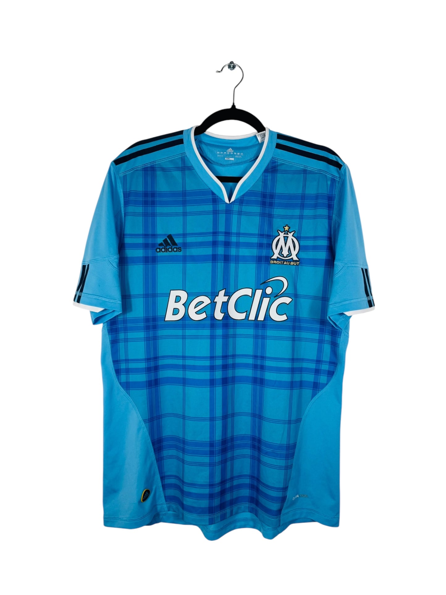 Maillot OM 2010-2011 Extérieur Adidas - Vue avant, taille L, couleur bleu.