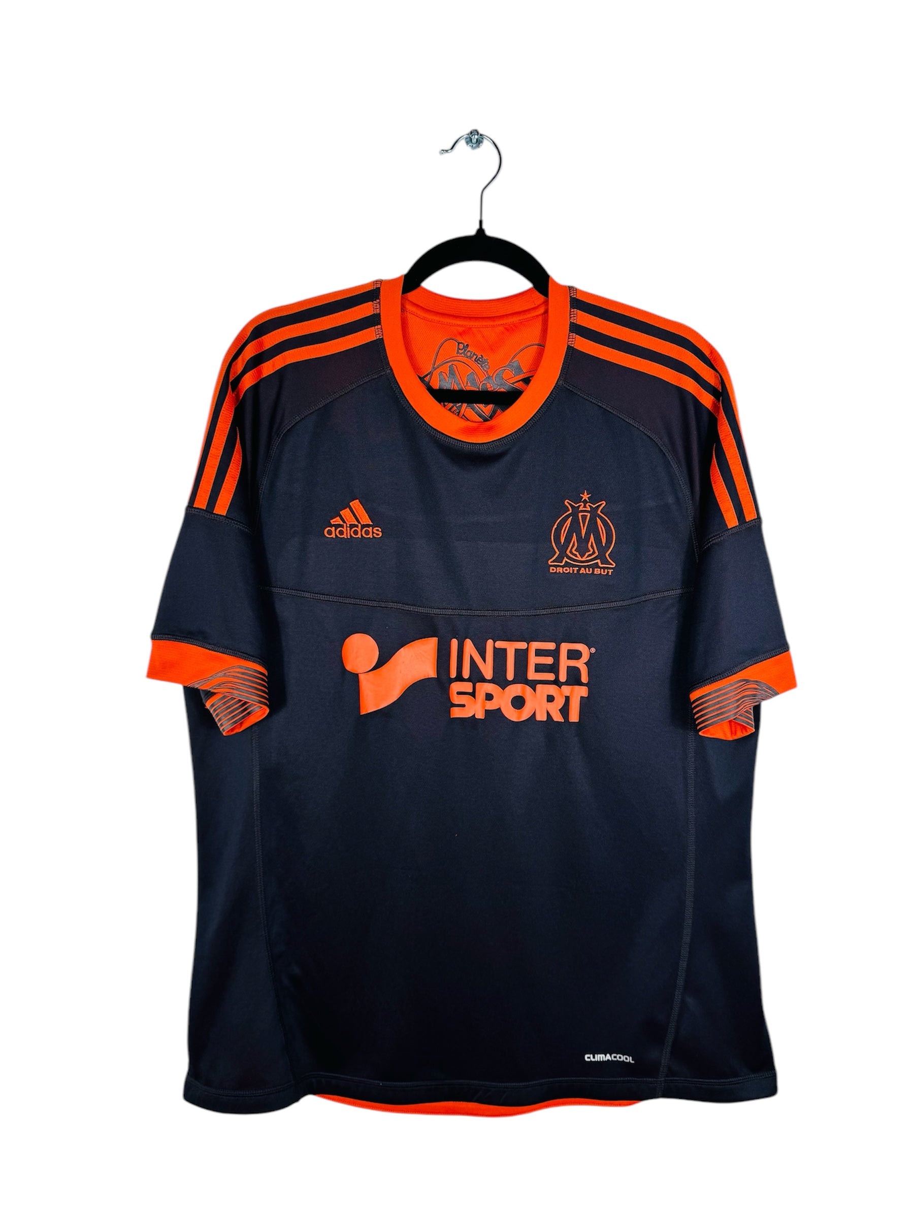 Maillot OM 2012-2013 Third Adidas - Vue avant, taille L, couleur noir et orange.