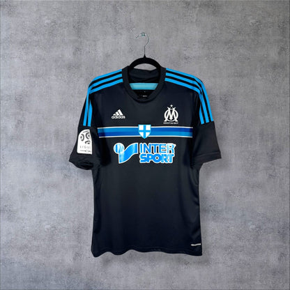 Maillot OM third 2014-2015 adidas de face, bande bleue et croix de Marseille, sponsor Intersport