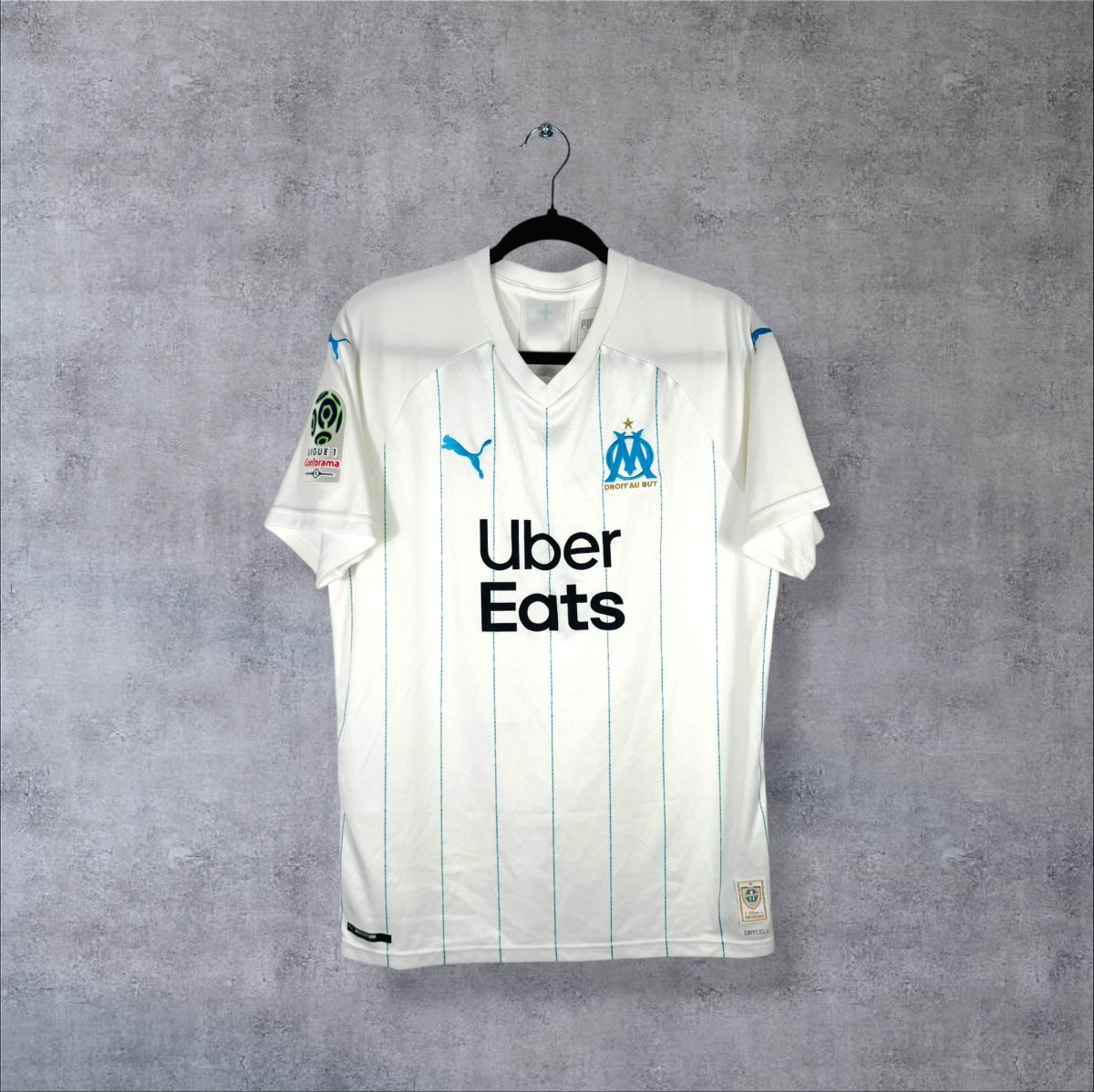 Maillot OM 2019-2020 domicile, face avec logo Puma et sponsor Uber Eats