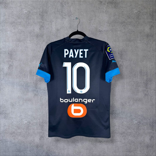 Dos du maillot OM 2022-2023 extérieur avec le flocage Payet N°10 et le sponsor Boulanger