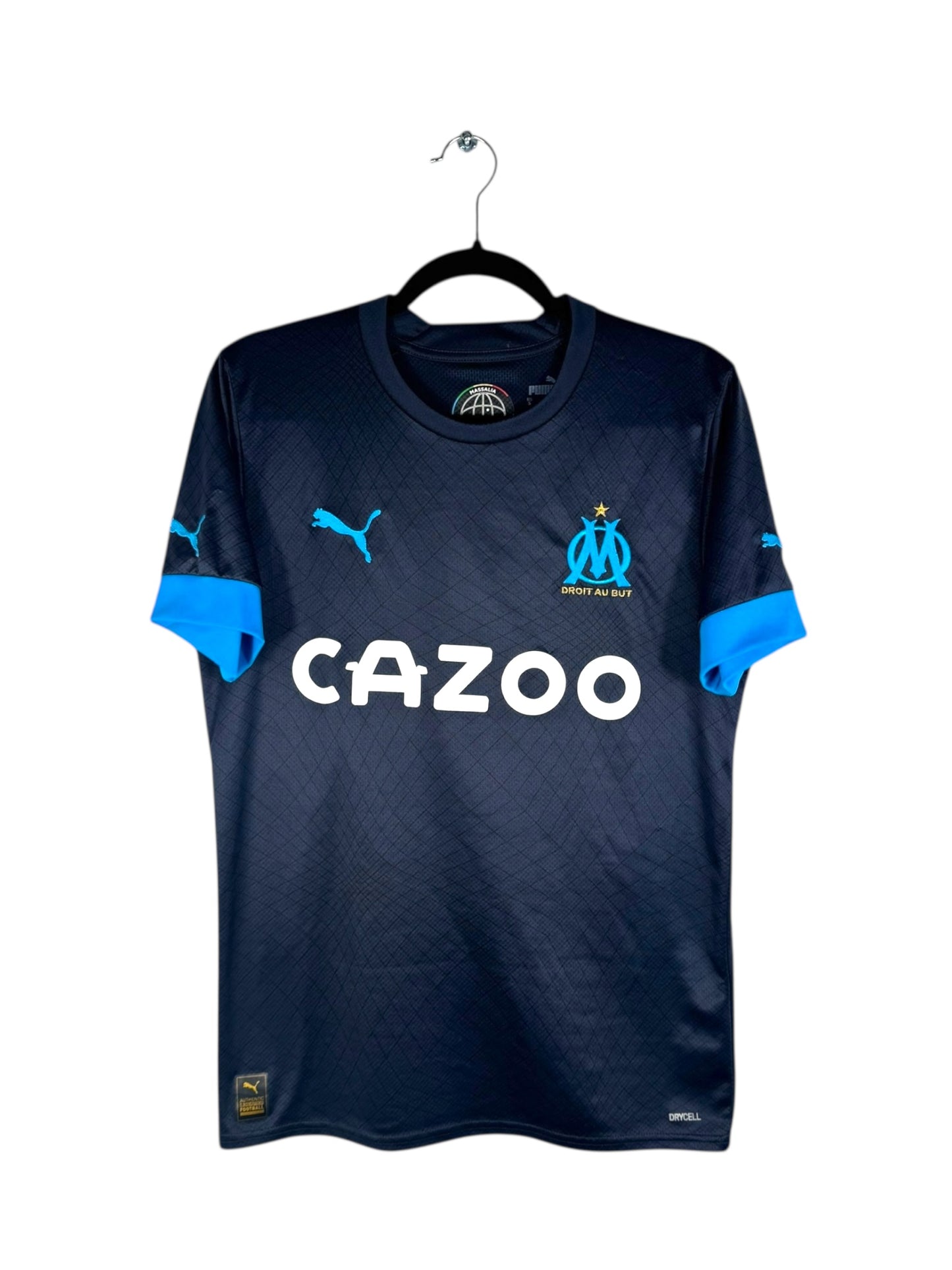 Maillot OM 2022-23 extérieur bleu marine Puma authentique vue de face.