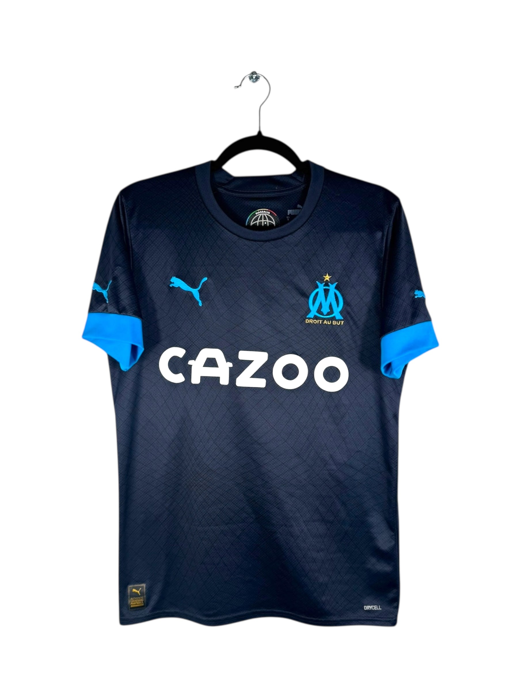 Maillot OM 2022-23 extérieur bleu marine Puma authentique vue de face.