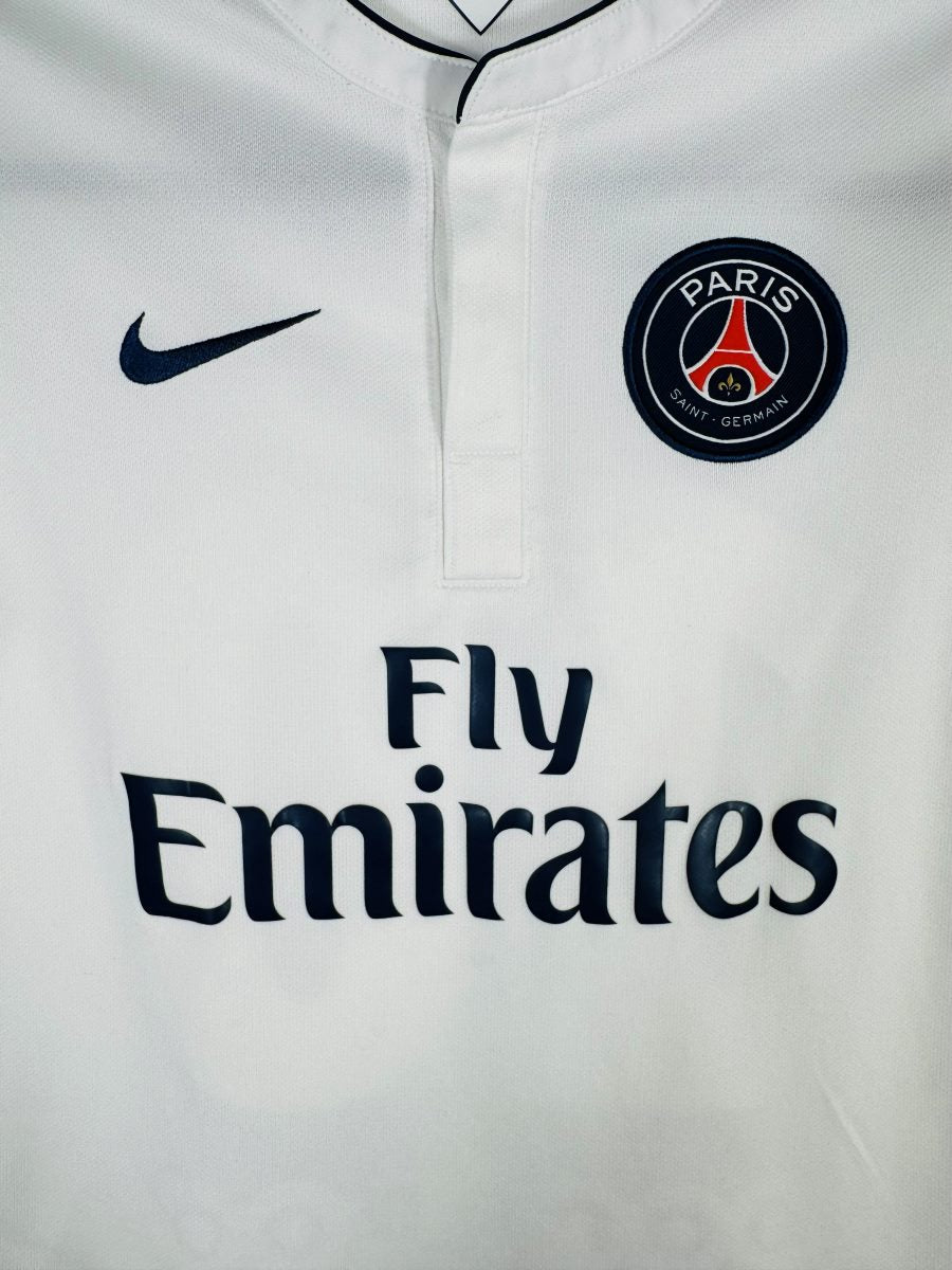 Détail écusson Paris Saint-Germain et logo Nike maillot extérieur 2014-2015